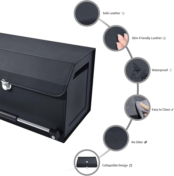 Car Trunk Organizer, Push-pull Handle, Leather Collapsible 2 Compartments Car Organizers with Lid, Car Trunk Storage Organizer, Suitable for All Kinds of Cars, SUV, Minivan (Large, Black)