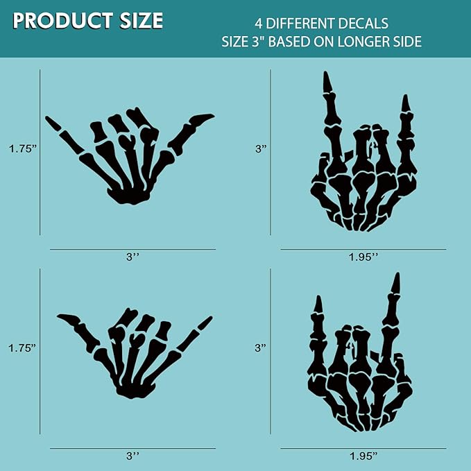 (4PCs) Skeleton Hand Decal Set Black Vinyl Stickers Waterproof Durable Easy to Apply Rock On Hang Loose Skeleton Hand Car Truck Bumper Laptop Window Decoration 3 Inches (Black)