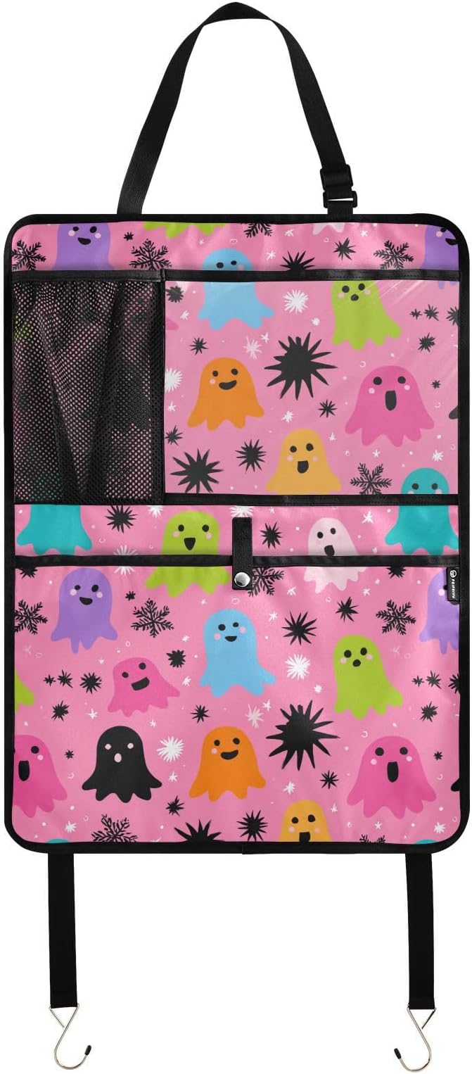 1 Pack Back Seat Car Organizer with Storage Pockets Kick Mats Back Seat Protector Hanging Car Organizer Automotive Seat Back Cover Organizers Hot Pink Halloween Ghost Snowflakes