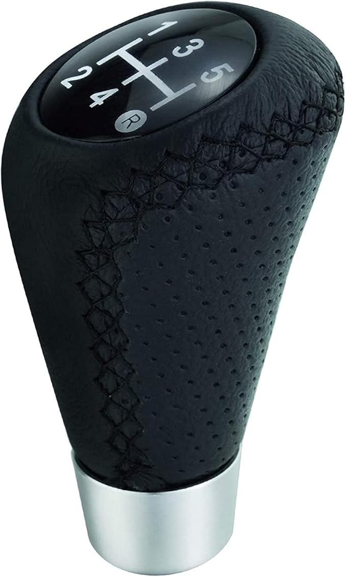 Lunsom 5 Speed Shift Knob, Leather Gear Shifter Knob Alloy Shifting Lever Head Handle Shifting Replacement Head Fit Manual Transmission Vehicles (Black Suture)