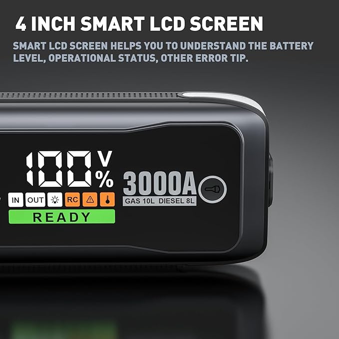 MOSTOOL 3000A Car Jump Starter, 12V Portable Battery Jump Starter with LCD Display, Fits Gas Engines up to 10.0L and Diesel Engines up to 8.0L, Gray