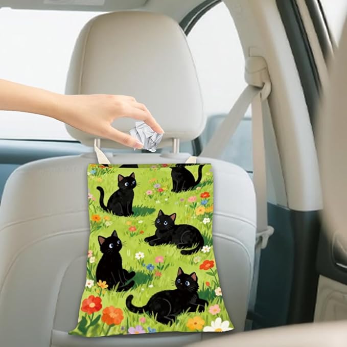 Car Trash Bag Cute Cat Car Garbage Can Green Grass Floral Cats Pattern Polyester Waterproof Cute Back Seat Organizer Storage Bin for Vehicle Interior Travel Accessories Reusable Leak Proof