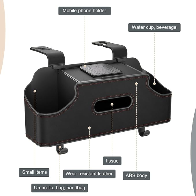 1 PC Car Seat Back Organizer, Car Back Seat Multi-Function Storage Box with 2 Drink Cup Holders, 11.42" x 3.35" Leather Tissue Organizer, Universal for Most Cars, Trucks, SUVs (Black)