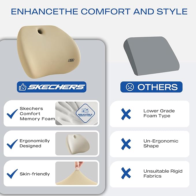Skechers Lumbar Support Pillow for Office Chair,Memory Foam Lumbar Pillow,Lower Back Pain Relief Lumbar Pillow,Ergonomic Design Back Support Pillow for Office Chair,Car,Home,Travel,Beige