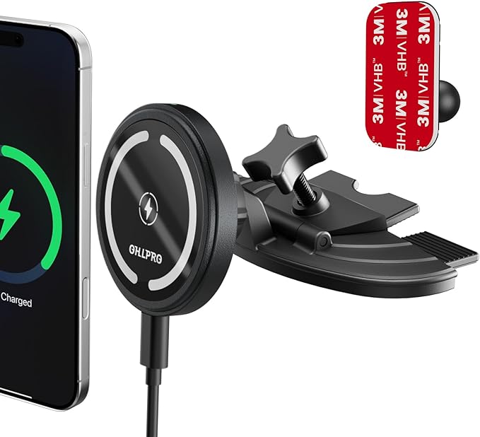 OHLPRO 15W Magsafe Car Mount Charger for iPhone 17, Fast Wireless Charging Magnetic CD Slot Holder with 3M Adhesive Base for Dashboard, Aluminum Shell, Compatible with iPhone 16/15/14 Pro Max, Black