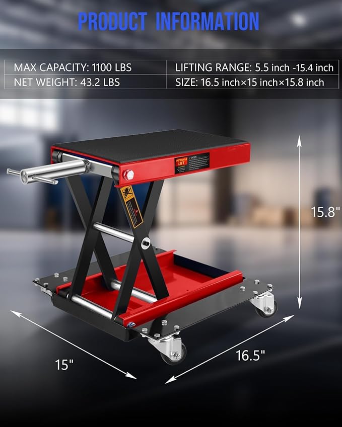 1100LBS Motorcycle Lift Scissor Jack with Dolly Wheels & Hand Crank, Heavy Duty Adjustable Bike Lift Stand with Foldable Non-Slip Platform for Cruiser, Dirt Bike, ATV Garage Repair