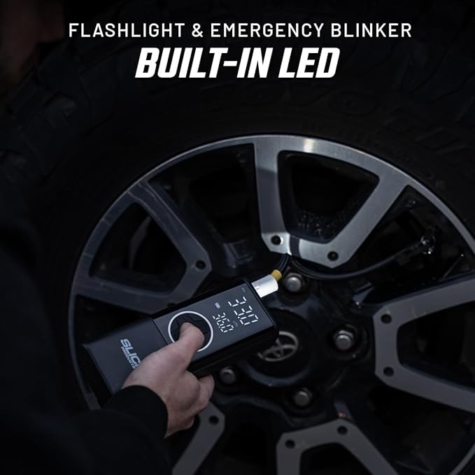 Slick Products Portable Digital Air Pump Tire Inflator – Cordless Rechargeable 150 PSI Pump with LED Flashlight, Power Bank, Presta Valve Adapter, Ball Needle, Power Cord and USB Cable