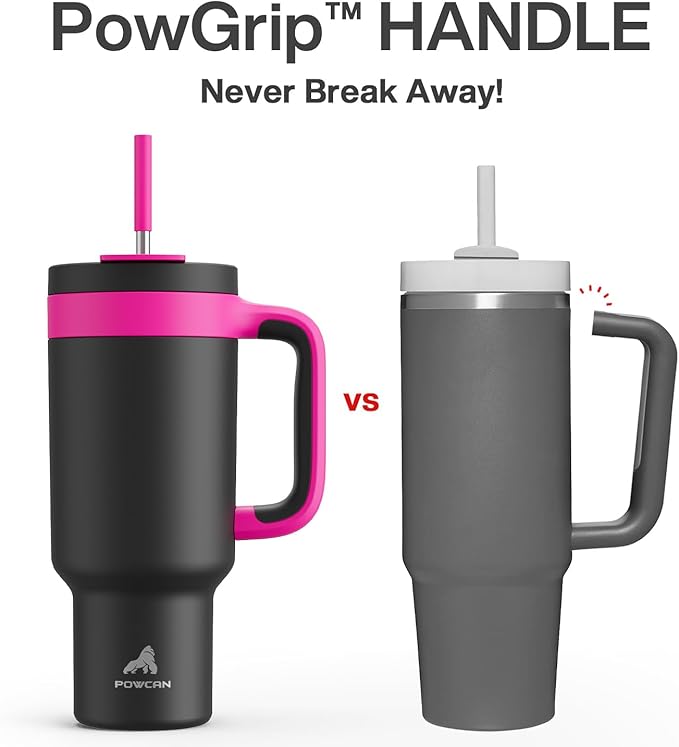 POWCAN 40 oz Tumbler with Handle, 2-in-1 Straw and Sip Lid, Leakproof, Dishwasher Safe, Insulated Stainless Steel Travel Coffee Mug, Keeps Cold for 34 Hours, Fits in Car Cup Holder (Berry)