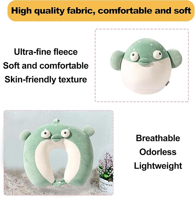 Kids Travel Pillow - 2-in-1 Deformable Kids Neck Pillow for Traveling, Soft U-Shaped Pillow with Adorable Animal Design, Comfy Sleep and Play, Ideal for Airplanes and Traveling (Green Fish)