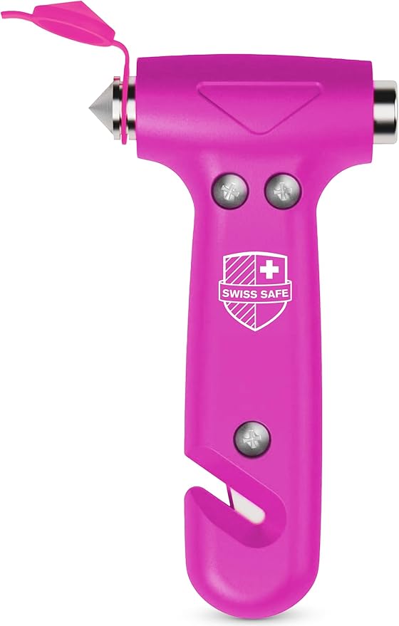 Swiss Safe 5-in-1 Emergency Car Safety Hammer – Car Window Breaker & Seatbelt Cutter, Heavy-Duty Escape Tool for Vehicle Emergencies and Auto Kits – Pink, 1 Pack
