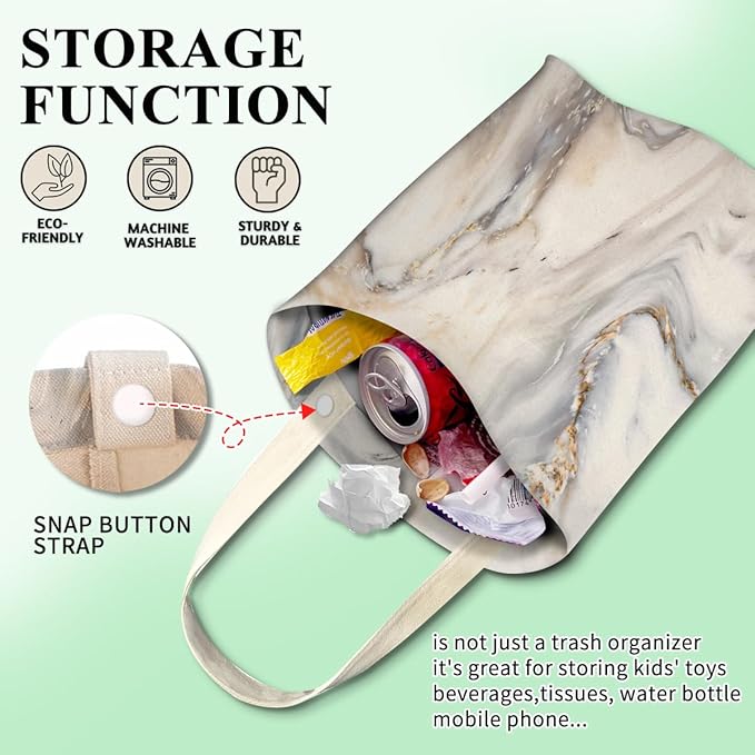 Car Trash Can, Cute Car Trash Bag, Hanging Car Organizer and Storage Bag, Trash Bin for Car Accessories, Vehicle, Travelling, Camping Luxury White Marble