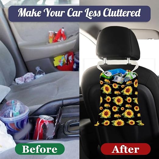Sunflower Print Car Trash Bag Hanging Garbage Bag with Snap Buttons Car-Back Seat Trash Storage Portable Dustbin for Car Interior Accessories Travel Camping