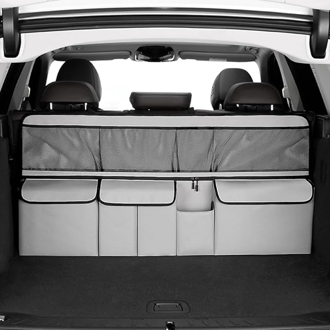 Hanging Car Trunk Organizer, Collapsible Backseat Storage Bag with 8 Large Pockets for Medium or Large Size SUV, Truck, MPV, Car Interior Accessories (Light-gray)