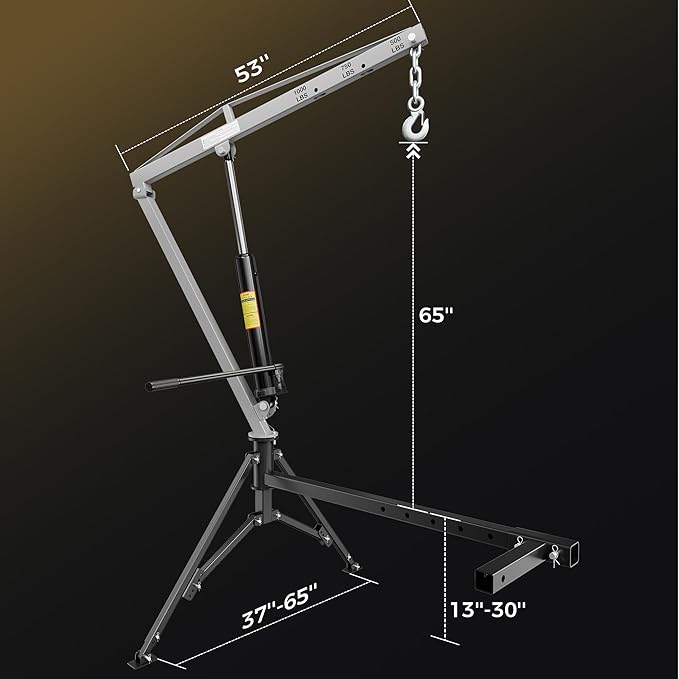 1000lbs Receiver Hitch Mounted Hydraulic 360° Swivel Truck Crane with 3 Boom Capacity Options: 500lbs, 750lbs, 1000lbs. Ideal for Workshops, Construction, Agriculture, and Logging,Gray