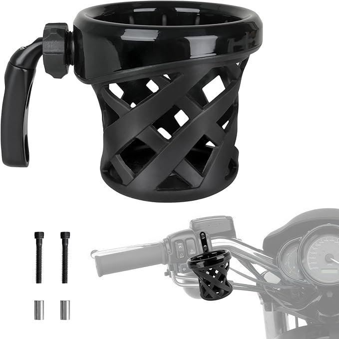 DREAMIZER Motorcycle Handlebar Drink Cup Holder Mount Water Bottle Holder with Mesh Basket Compatible with Harley Touring Road Glide Street Electra Glide Softail XL883 1200 1996-up, Black