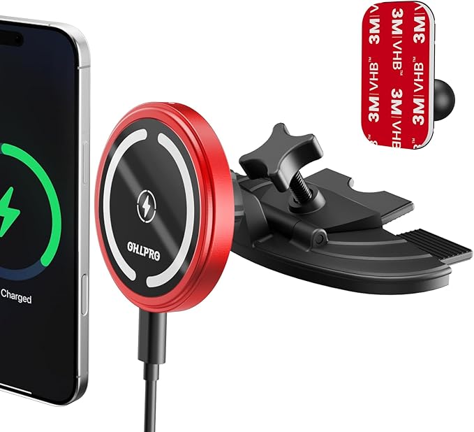 OHLPRO 15W Magsafe Car Mount Charger for iPhone 17, Fast Wireless Charging Magnetic CD Slot Holder with 3M Adhesive Base for Dashboard, Aluminum Shell, Compatible with iPhone 16/15/14 Pro Max, Red