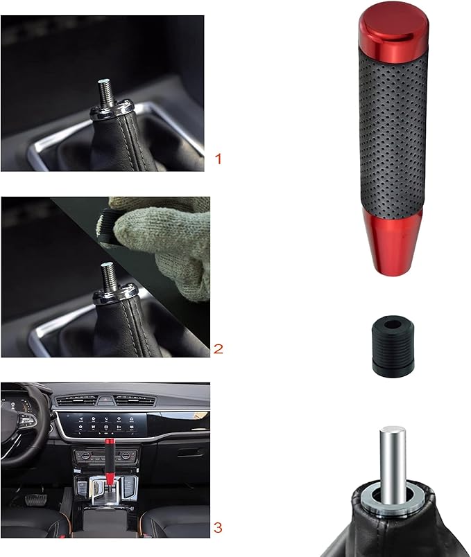 Lunsom Metal Gear Shifter Knob Leather Aluminum Alloy Long Stick Shift Handle Shifting Lever Head Fit Most Manual Transmission Car (Red)