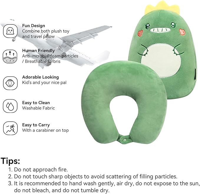 Kids Travel Pillow - 2-in-1 Deformable Kids Neck Pillow for Traveling, Soft U-Shaped Pillow with Adorable Animal Design, Comfy Sleep and Play, Ideal for Airplanes Travel - Dinosaur