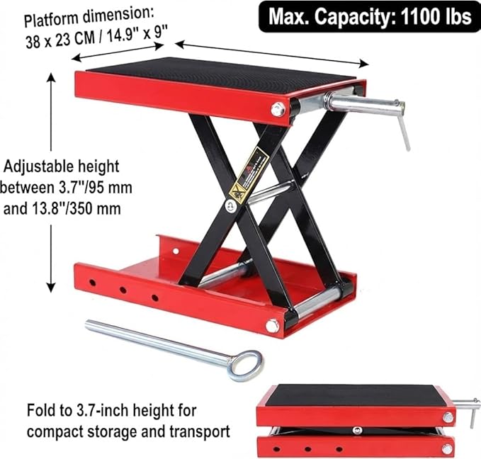 1100 LB Heavy Duty Wide Deck ATV Motorcycle Bike Scooter Scissor Lift Jack Crank Stand with Safety Bar