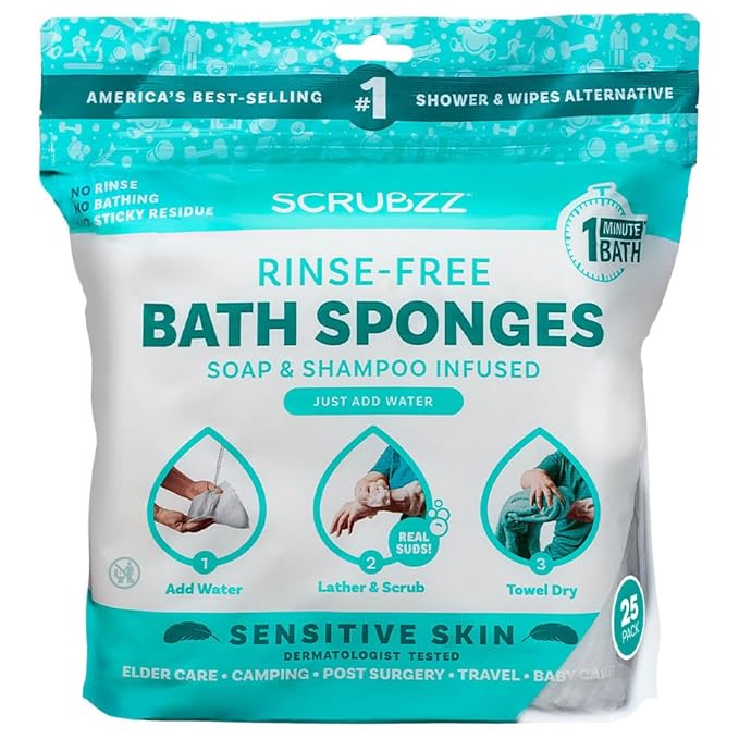 Scrubzz Disposable No Rinse Bathing Wipes for Senstive Skin - 25 Pack - All-in-1 Single Use Shower Wipes, Simply Dampen, Lather, and Dry Without Shampoo or Rinsing (Sensitive Skin, 1-Pack)