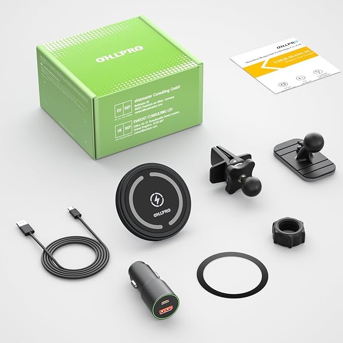 OHLPRO MagSafe Car Mount Charger, 15W QC 3.0 Fast Charging for iPhone 17 ProMax, Pro, Plus, 16, 15, 14, 13, 12 Series, Stick on Car Dashboard & Air Vent Phone Holder