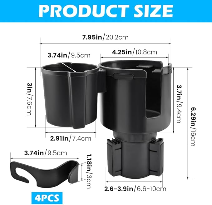 1 Pack Car Cup Holder Expander 2 in 1 Adapter with Expandable Base, Car-Seat Headrest Hook 4 Pack Hanger Storage Organizer fit Universal Vehicle Car