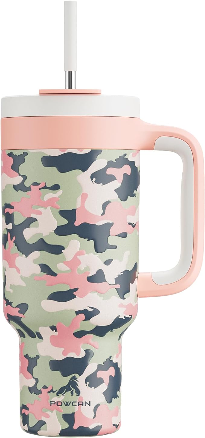 40 oz Camo Tumbler with Handle, 2-in-1 Straw and Sip Lid, Leakproof, Dishwasher Safe, Insulated Stainless Steel Travel Coffee Mug, Keeps Cold for 34 Hours, Fits in Car Cup Holder (Rose Dappled)