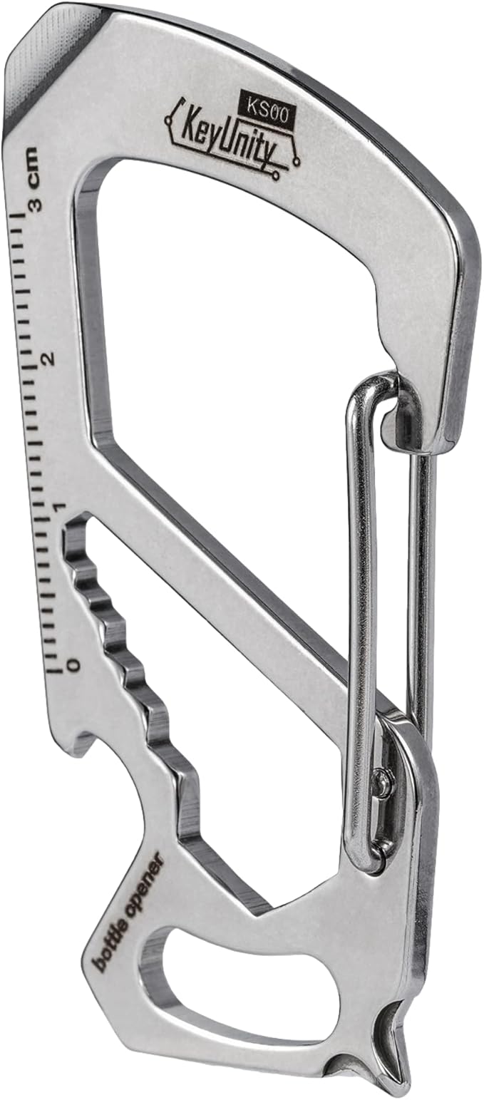 KeyUnity KS00 Carabiner Clip Multitool Stainless Steel 7 Tools in 1, Quick Release Clasp, Wrench, Cross Screwdriver, Slotted Screwdriver, Bottle Opener, Ruler, Key Holder (Silver)