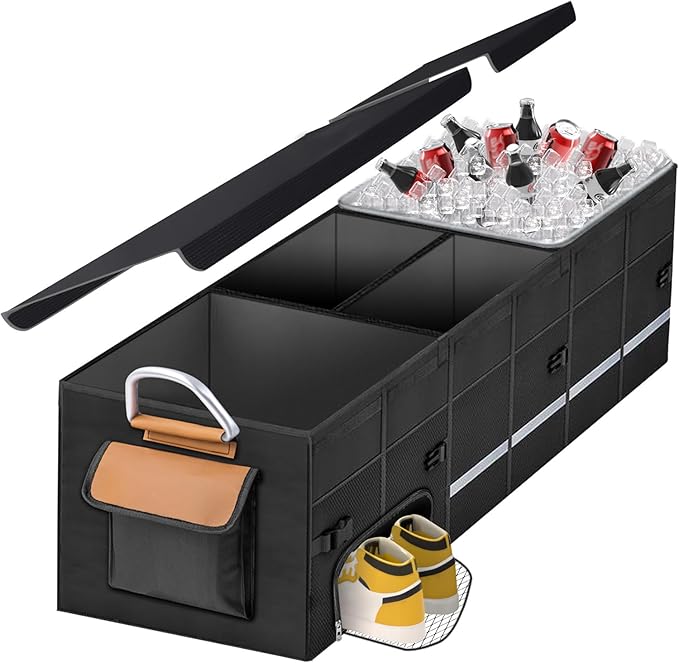 HAMOPY Car Trunk Organizer and Storage with Separate Compartment for 1 Pair of Shoes, Heavy Duty with Lid & Removable Leakproof Cooler Bag, Collapsible Large Trunk Organizers for SUV Sendan (Black)