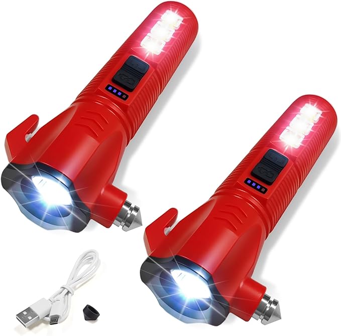Emergency Car Flashlight - 2000 Lumen Dual Light 4-Level Battery Indicator Window Breaker & Seatbelt Cutter USB Rechargeable Ultra-Light 108g Car Emergency Too (2pcs-Red)