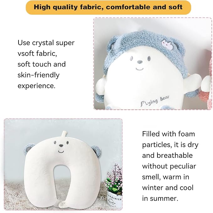 Kids Travel Pillow - 2-in-1 Deformable Kids Neck Pillow for Traveling, Soft U-Shaped Pillow with Adorable Animal Design, Comfy Sleep and Play, Ideal for Airplanes and Cars - Blue Bear