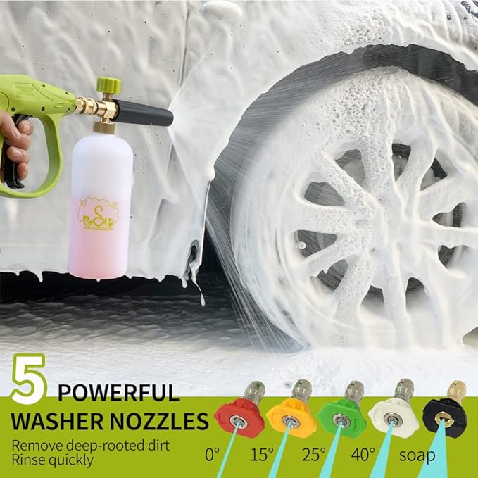 ESP Car Wash Foam Gun High Pressure Car Washer Household Water Gun Foam Generator Washing Blaster 5 Nozzle Tip M22 Adapter with 1 Liter Bottle Washing Mitts Towel