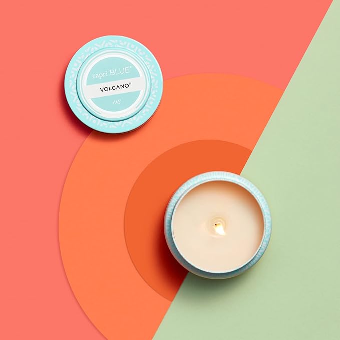 Capri Blue Volcano Printed Travel Tin Jar Candle - Luxury Candle with a Long Lasting Soy Wax Blend - Scented with Tropical & Fruity Fragrance (Aqua Color, 8.5 oz)