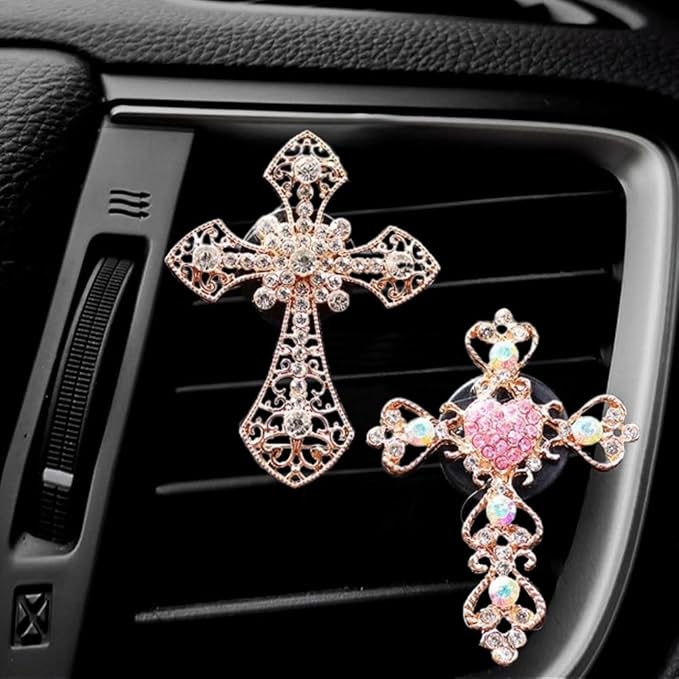 ZOSTLAND Rhinestone Car Decorative Clip,Car Air Fresheners,Metal Vent Clip,Bling Auto Air Vent,Personalized Automotive Interior Decoration Accessories,Auto Decor Gift for women,men (2pcs Cross)