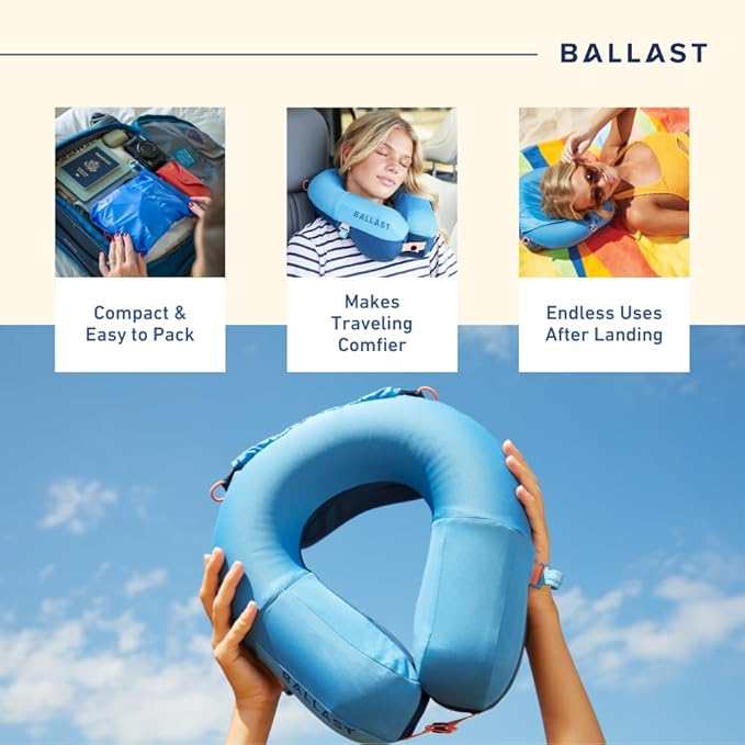 Ballast Travel Pillow PRO – Neck Pillow for Airplane, Compact Travel Pillow for Beach & Traveling, Enjoy Relaxation Wherever You Go (Ocean Blue)