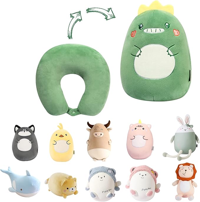 Kids Travel Pillow - 2-in-1 Deformable Kids Neck Pillow for Traveling, Soft U-Shaped Pillow with Adorable Animal Design, Comfy Sleep and Play, Ideal for Airplanes Travel - Dinosaur
