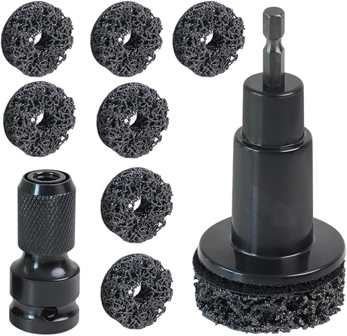 10PC Wheel Hub Cleaning Tool，Brake Hub Cleaning Kit Includes 8 Pads、Holder and Adapter，Fits 1/2” Wrenches or Electric Drill, Automotive Maintenance Tool (ABS Plastic)