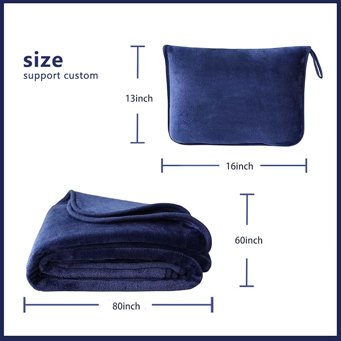 Travel Blanket Pillow, Soft Airplane Blanket 2-in-1, Travel Blanket Airplane Compact with Bag, Travel Essentials Accessories for Plane and Car,60x80 Navy