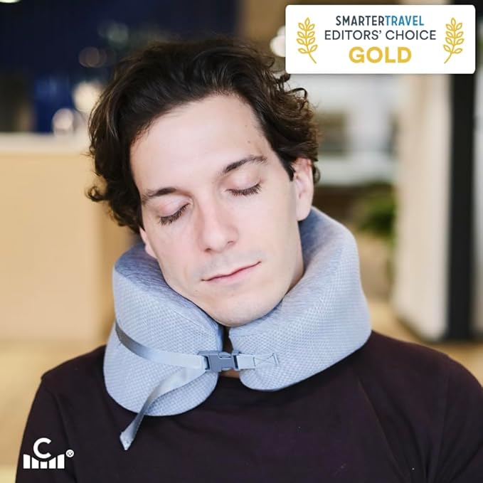 C CUSHION LAB Travel Pillow, Award-Winning Patented Ergonomic Design for Chin & Neck Support Memory Foam Neck Pillow, Compact Airplane Pillow for Traveling, Flight, Car (Gray, Large)