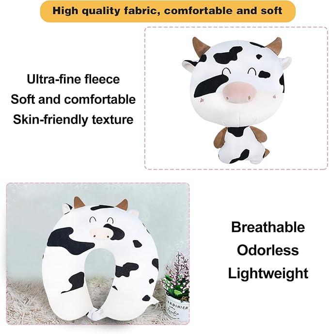 Kids Travel Pillow - 2-in-1 Deformable Kids Neck Pillow for Traveling, Soft U-Shaped Pillow with Adorable Animal Design, Comfy Sleep and Play, Ideal for Airplanes and Traveling-Milk Cow