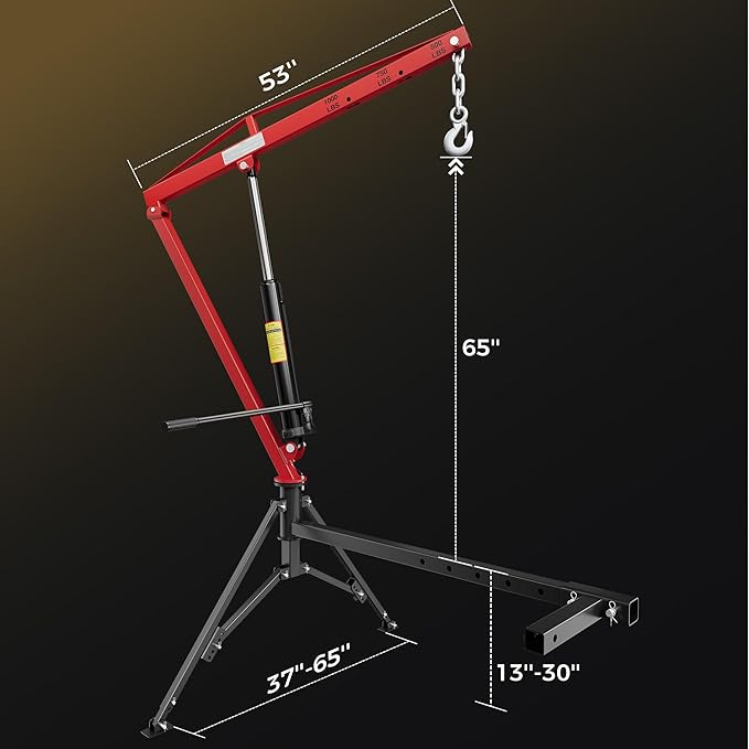 1000lbs Receiver Hitch Mounted Hydraulic 360° Swivel Truck Crane with 3 Boom Capacity Options: 500lbs, 750lbs, 1000lbs. Ideal for Workshops, Construction, Agriculture, and Logging, Red
