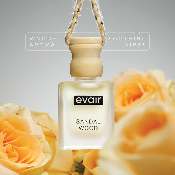 Evair Hanging Car Air Freshener | Car Accessories Interior | Car Perfume Aroma with Essential Oils Fragrance in Glass Bottle with Wooden Diffuser Lid | 10 ml- Pack of 2 (Sandalwood & Ocean Rush)