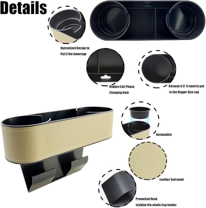Car Cup Holder Expander Organizer,Multifunctional Cup Drink Holders with PU Leather Cover,Side Insert Center Console Seat Gap Filler Storage Box for Mug Bottle CellPhones Keys Coffee Coasters Cards