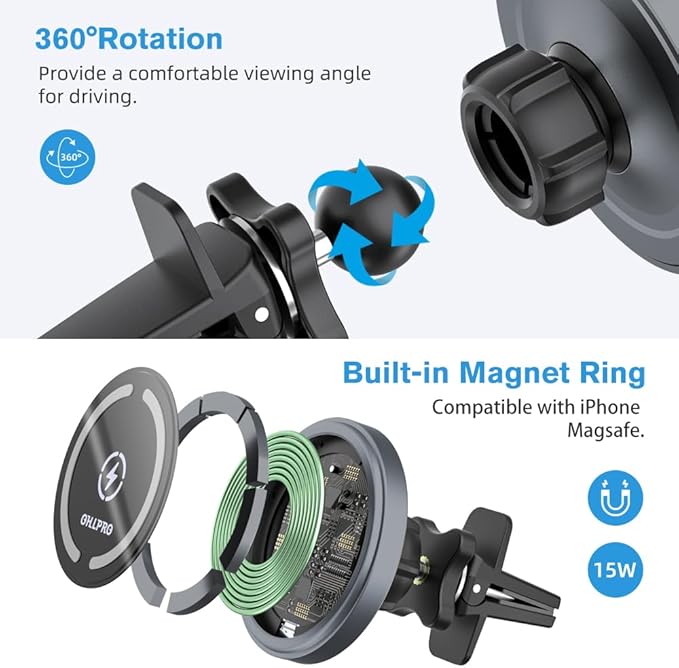 OHLPRO MagSafe Car Mount Charger, 15W QC 3.0 Fast Charging for iPhone 17 ProMax, Pro, Plus, 16, 15, 14, 13, 12 Series, Stick on Car Dashboard & Air Vent Phone Holder