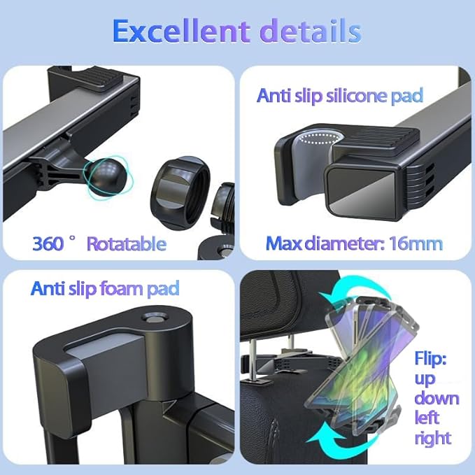 2026 Car Headrest Tablet Holder, Road Trip Essentials for Kids, Scalable Tablet Mount for Car Backseat for iPad Phone, for Most Tablets/Phones, Fits Larger Tablets [Upgrade - Black]