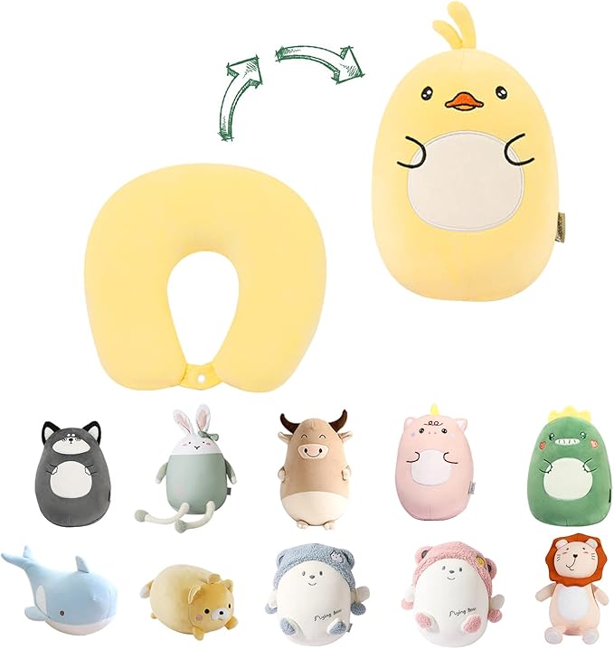 Kids Travel Pillow - 2-in-1 Deformable Kids Neck Pillow for Traveling, Soft U-Shaped Pillow with Adorable Animal Design, Comfy Sleep and Play, Ideal for Airplanes and Cars - Yellow Duck