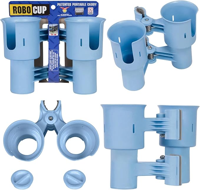 ROBOCUP, Patented Boat Cup Holder, Clamp on Portable Storage Caddy Securely Holds 2 Drinks, Fishing Poles, Tools, Marine Gear | Perfect for Boating, Beach Umbrellas, Golf Carts