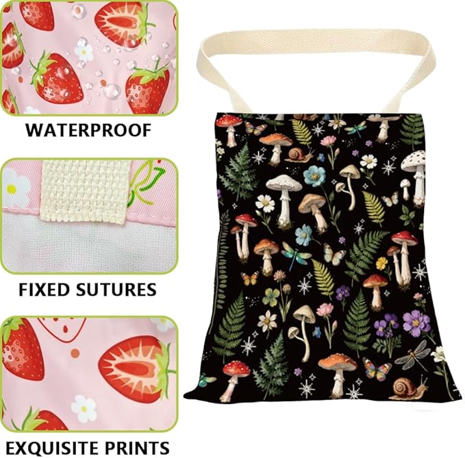 Mushroom Car Trash Can Floral Car Trash Bag Hanging Plants Snails Pattern Polyester Washable Waterproof Organizer Storage Can for Vehicle Interior Travel Accessories Reusable Leak Proof