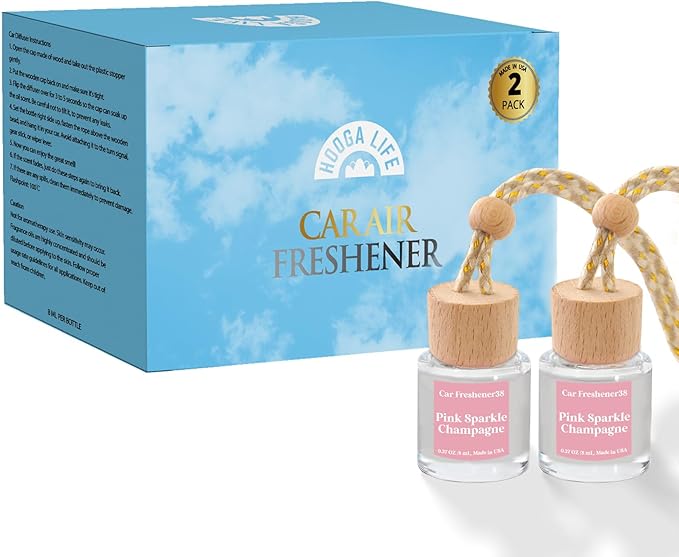 HoogaLife Car Air Freshener Diffuser 2 Pack Hanging Air Freshener Diffuser - Pink Sparkle Champagne Fragrance Oil Air Diffuse r for Car, 45+ Days Long Lasting Fragrance Made in USA (P38)