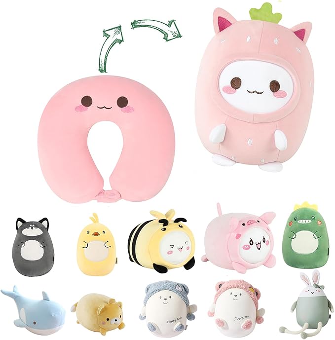 Kids Travel Pillow - 2-in-1 Deformable Kids Neck Pillow for Traveling, Soft U-Shaped Pillow with Adorable Animal Design, Comfy Sleep and Play, Ideal for Airplanes and Traveling (Pink Strawberry)